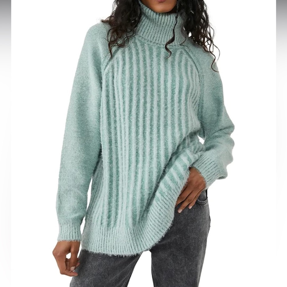 Women's Free People Big City Turtleneck Pullover Sweater Tunic RibKnit Green M